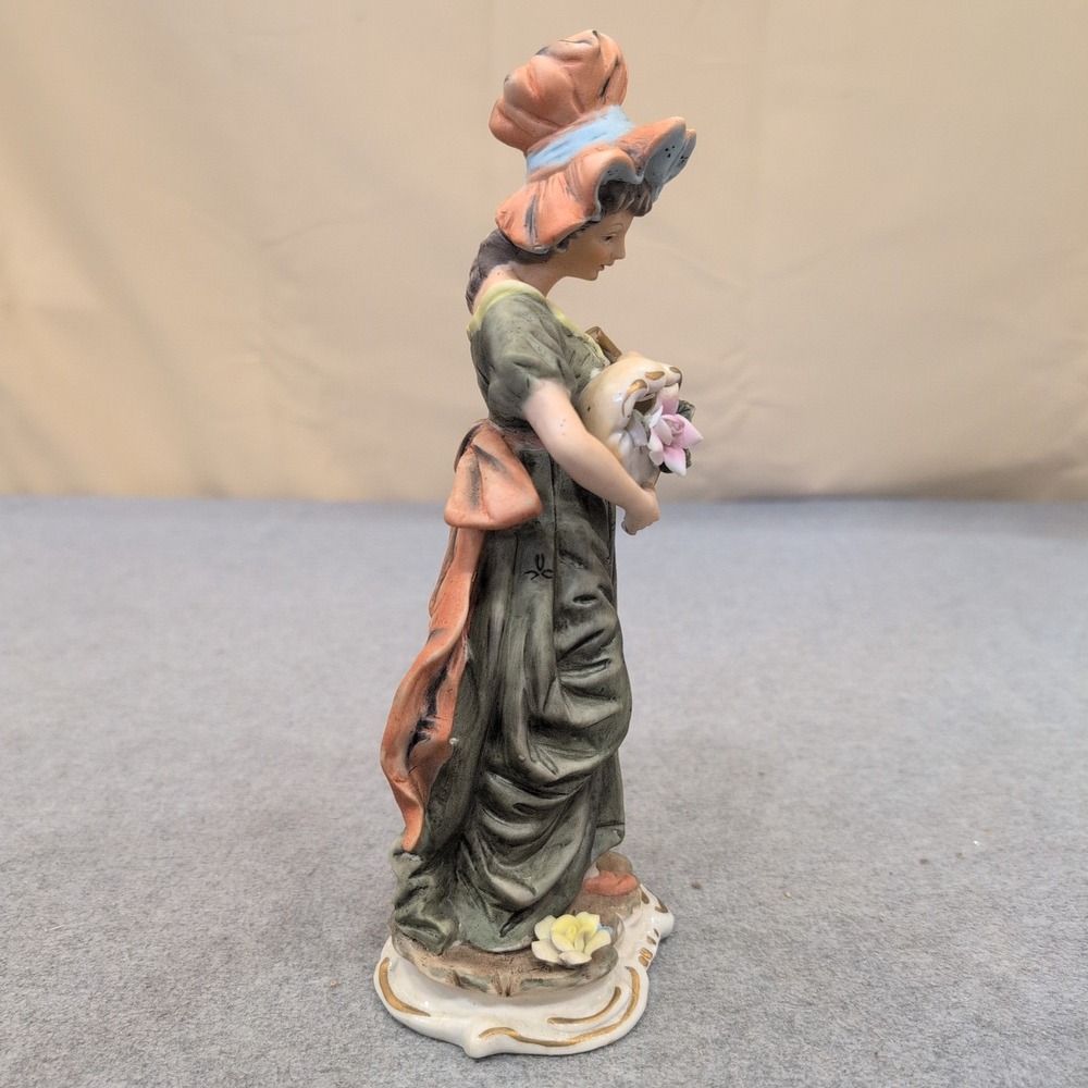 Vintage Hand Painted Porcelain Lady Figurine Green Dress Pink Flower Basket - Picture 4 of 6